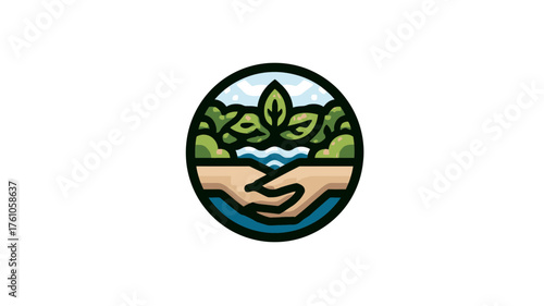 Nature protection icon. Hands cradling green landscape with water and plants. Environmental care, ecology, and sustainability symbol.