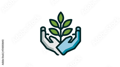 Icon of hands holding a green plant, symbolizing environmental protection, sustainable growth, nature care, and ecology.
