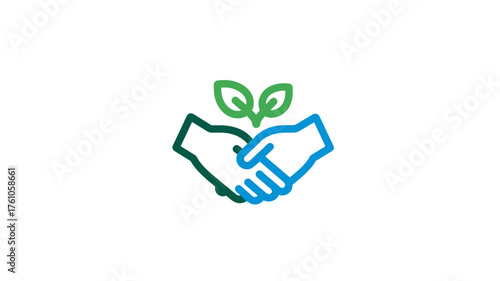 Sustainable partnership handshake icon with green sprout. Eco-friendly business collaboration, nature conservation, and corporate responsibility symbol.