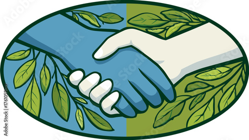 Environmental partnership illustration with diverse hands shaking, symbolizing cooperation, sustainability, and nature conservation