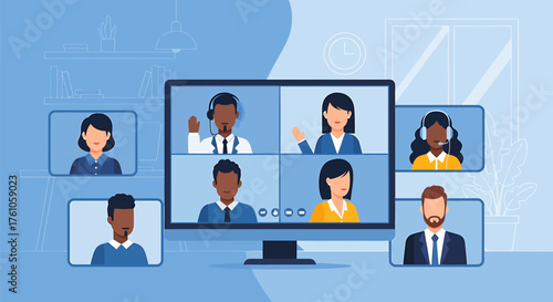 Hybrid Work & Digital Nomad Virtual Meeting of Diverse Professionals in Remote Collaboration