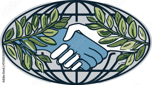 Global cooperation emblem with handshake, olive branches, and world grid. Symbol of peace, unity, agreement, and international partnership.
