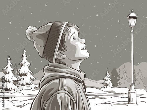 A young boy gazing at the night sky with wonder under a lamppost, enjoying the snow and stars