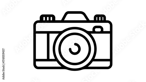 Minimalist black line art camera icon for digital photography, image capture, and multimedia content concept