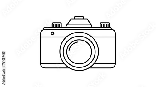 Minimalist photography camera icon, black outline line art illustration. Digital photo equipment symbol on white background.