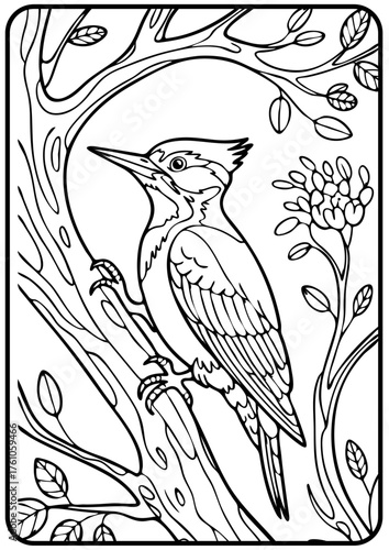 Beautiful Woodpecker Bird Line Art Illustration – Wildlife Vector for Kids Coloring Book
