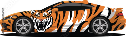 Modern sports car illustration from a side angle, showcasing a fierce tiger face and stripe graphic vinyl wrap design in vivid orange and black, symbolizing speed and strength for dynamic aesthetics