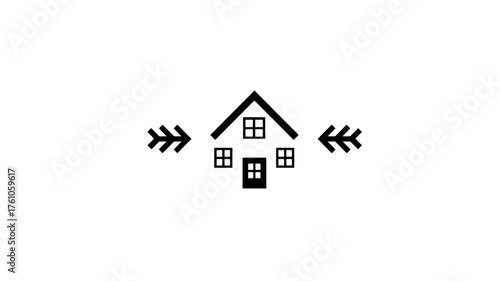Minimalist house icon with decorative arrow elements. Simple black and white dwelling symbol, abstract home design representing property, shelter, or real estate.