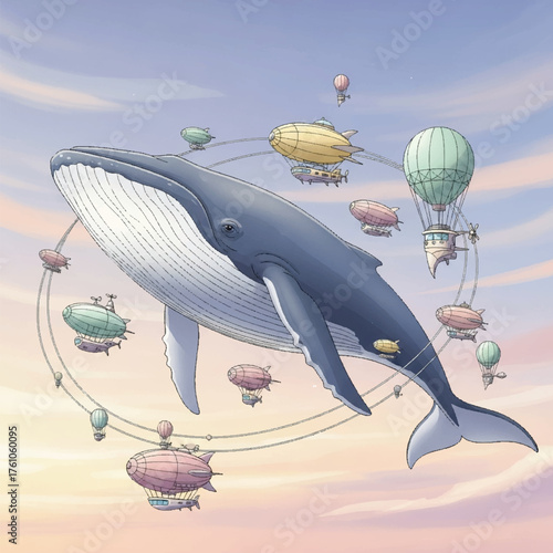 A majestic blue whale gracefully floats through a pastel sky, encircled by a whimsical parade of steampunk airships and hot air balloons.