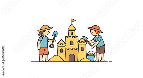 Cartoon illustration of two children in summer hats building a large sandcastle together.