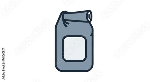 Gray Reusable Lunch Bag with White Label and Rolled Top Closure.