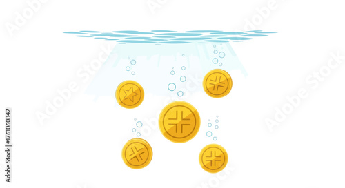 Golden coins with cross symbols sinking in clear water.