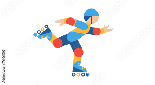 Stylized Roller Skater with Helmet and Pads in Motion.