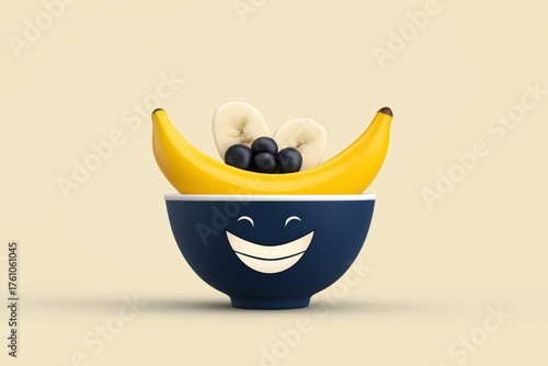 Cartoon illustration of a cheerful breakfast bowl with smiling oatmeal, blueberries and banana slices as eyes, bright pastel background. 