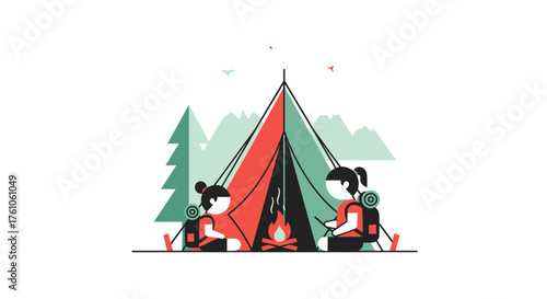 Two cartoon campers with tent and campfire enjoying outdoor adventure.