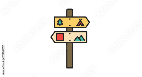 Wooden directional signpost with camping and nature icons.