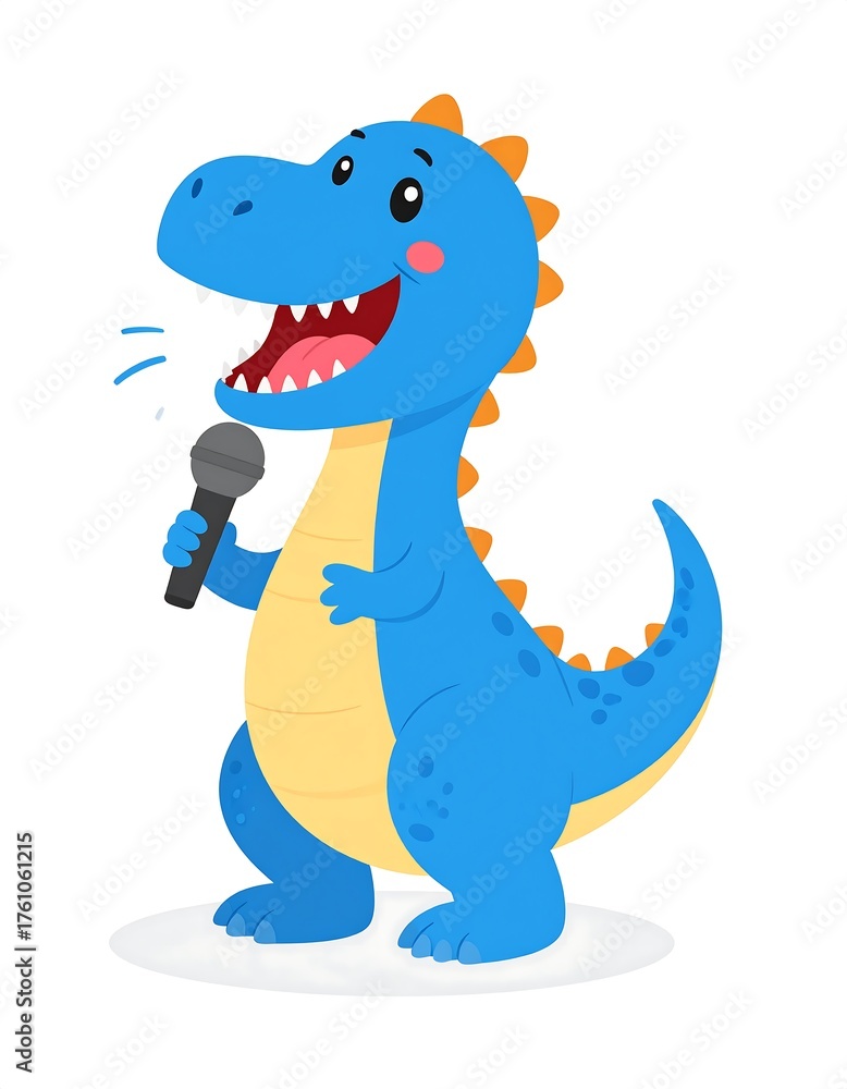 Naklejka premium Cute blue dinosaur singing into a microphone