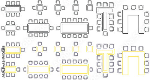 High-quality Design for conference tables and chairs in top view. Multiple meeting room layouts, dining table and seating plan Architectural floor plans, office design and interior layout presentation