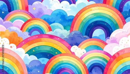 Vibrant Rainbows and Clouds Pattern.