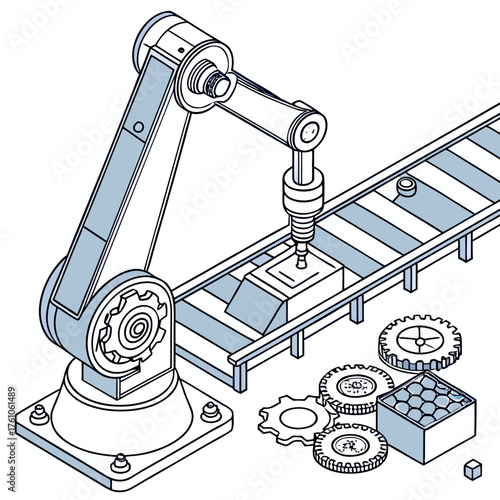Vector art of automated robotic arm in factory isolated