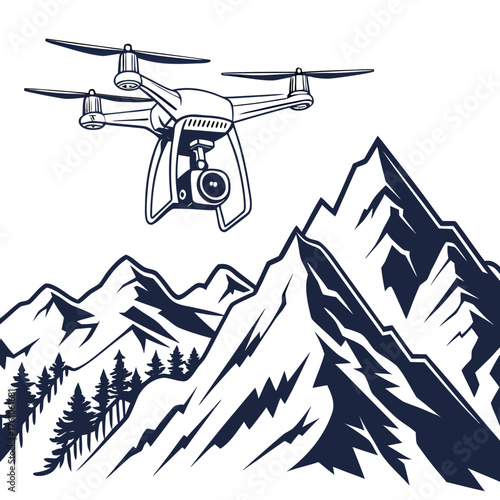 Vector art of drone flying over mountains isolated on white