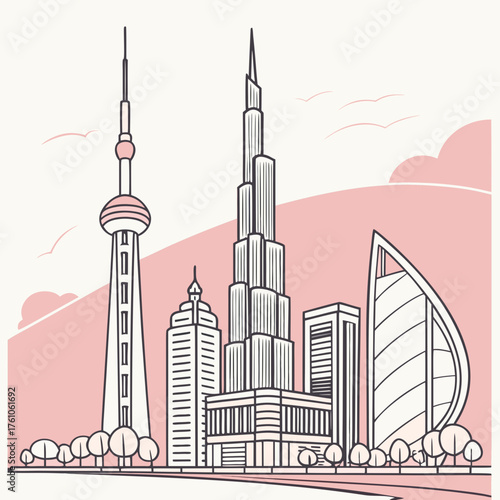 Vector art of dubai and shanghai skyline illustration isolated