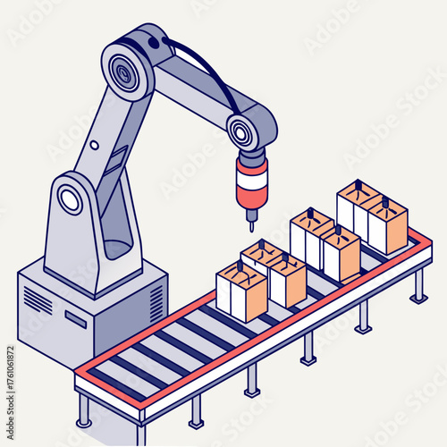 Vector art of isometric robot arm assembling boxes