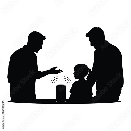 Family interacting with smart speaker silhouette modern technology home life