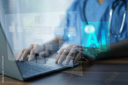 Fotografie Doctor applies AI artificial intelligence to monitor patient health data and pre