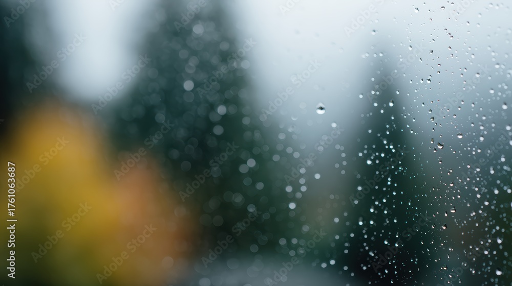 Obraz premium Window glass with a single rain drop, trees blurred in the background.