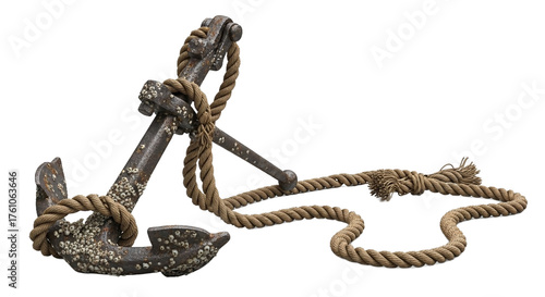 Old rusty ship anchor covered in barnacles and wrapped with thick rope isolated on transparent background