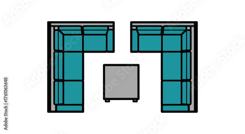 sectional sofa layout top view of furniture placement with a gray coffee table for interior design plans and residential space visualization.