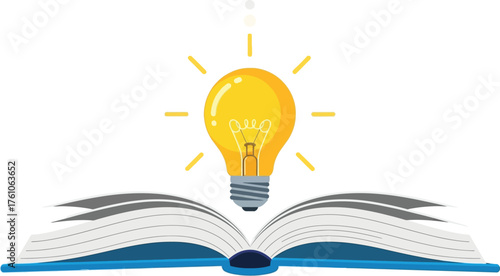 Bright idea symbolizing knowledge and innovation emerging from an open book flat design vector illustration isolated on transparent background