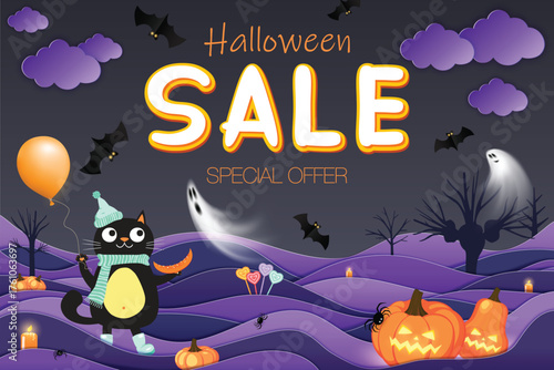 Halloween sale banner with Halloween Sale text, spooky purple landscape with lilac hills, black cat with balloon, pumpkins, bats, creepy spiders, ghost, candies and glowing candles