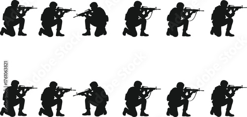 Kneeling soldier silhouette pattern, rifle aiming pose, military vector design, combat stance, black graphic, war themed illustration