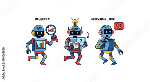 robots analyzing data information lookup  review for ai research depicting technologys impact on business  future communications.