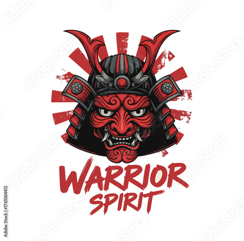 Japanese Streetwear T-Shirt Design with Samurai Mask and Rising Sun | Bold Typography Vector in Red and Black | Editable EPS File