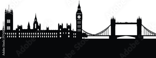 London landmark silhouette vector, Big Ben and Tower Bridge, UK architecture design, travel icon artwork, black graphic illustration