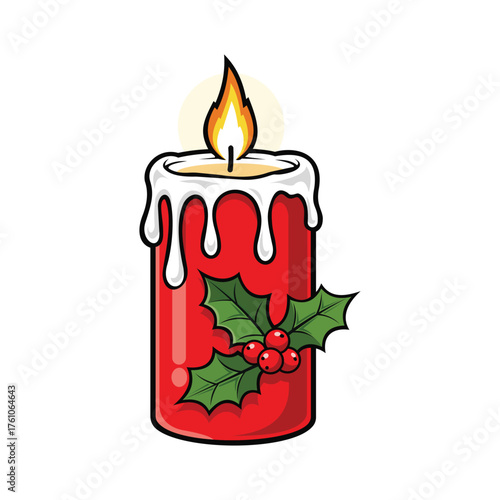 Warm glowing Christmas candle with holly berries, festive holiday illustration.