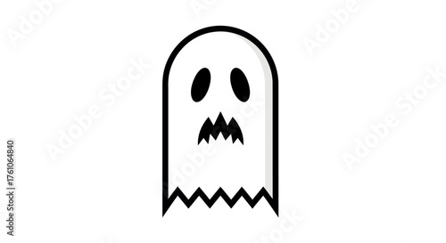 Simple white ghost illustration with black eyes and jagged mouth.