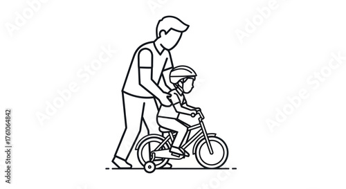 Father teaching child to ride a bicycle line art illustration.