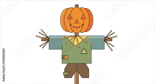 Festive Halloween Scarecrow with Jack-o-lantern Head and Rustic Attire.