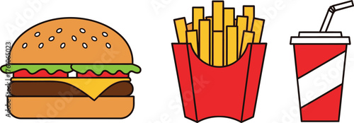Classic fast food meal hamburger fries and soda drink icons simple flat style food graphics flat design vector illustration isolated on transparent background