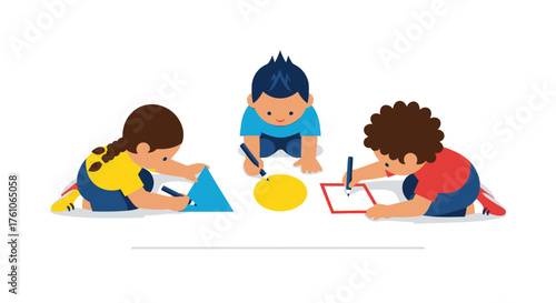 Three Children Drawing with Markers on Paper Creative Activity.