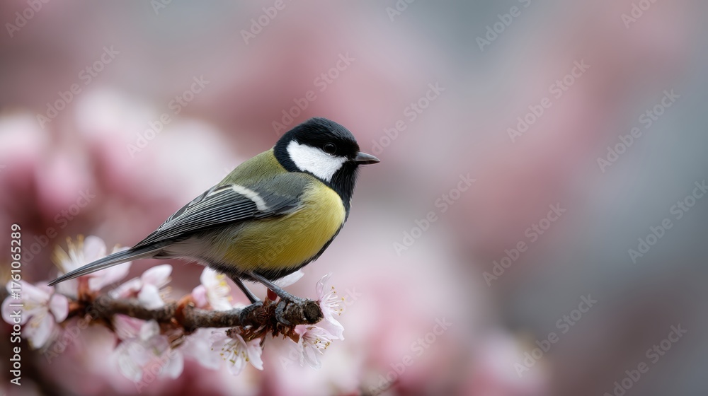 Naklejka premium Parus caeruleus, spring flowers, delicate branch