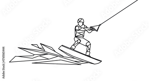 Line Art Illustration of Wakeboarder Performing Water Sport.