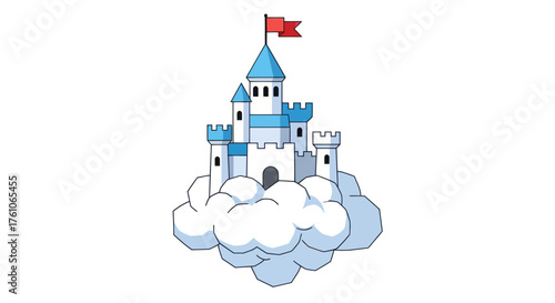 Cartoon Fantasy Castle on Cloud with Blue Roofs and Red Flag.