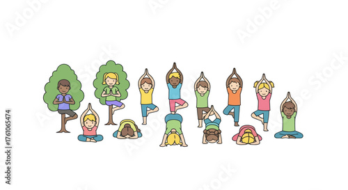 Cartoon Yoga Poses: Diverse Figures Performing Various Asanas.
