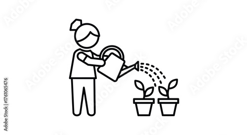 Woman Watering Plants in Pots - Line Art Illustration.