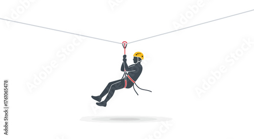 Zipline rider in a black suit and bright yellow helmet suspended from a cable on a white background.